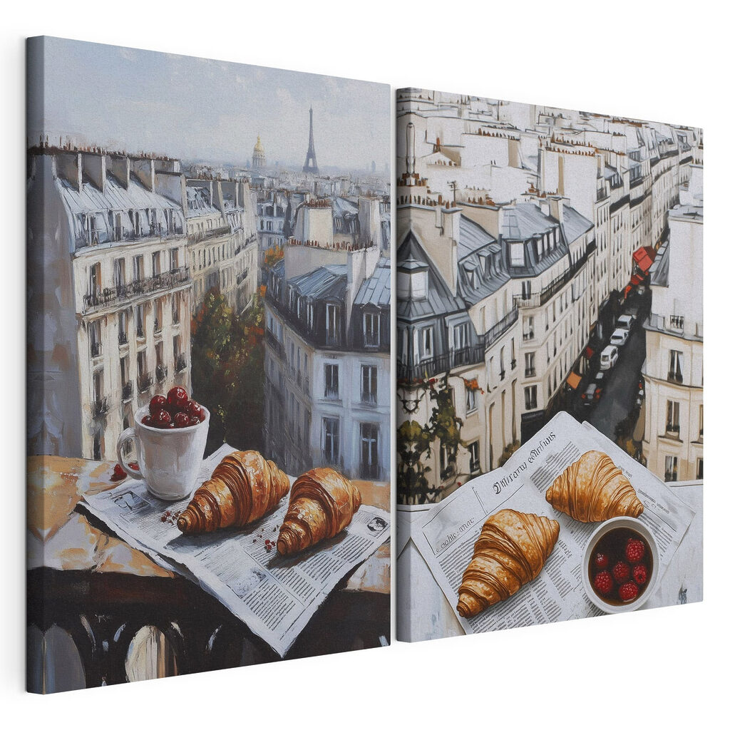 Painting of a city with a croissant and a cup of fruit