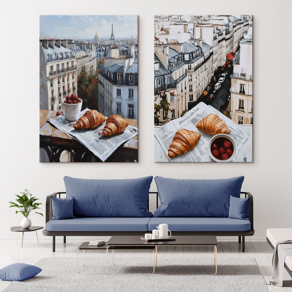 Painting of a city with a croissant and a cup of fruit
