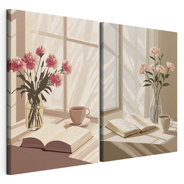Un vase de fleurs et un livre sur le rebord d'une fenêtre Impression sur toile modulaire Un vase de fleurs et un livre sur le rebord d'une fenêtre