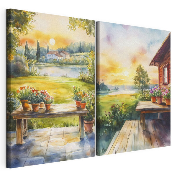 Aquarelle représentant une maison et une table avec des fleurs Impression sur toile modulaire Aquarelle représentant une maison et une table avec des fleurs