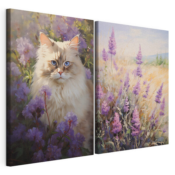 Un chat dans un champ de fleurs Impression sur toile modulaire Un chat dans un champ de fleurs