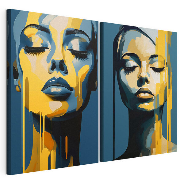 Visage d'une femme sur lequel coule de la peinture jaune Impression sur toile modulaire Visage d'une femme sur lequel coule de la peinture jaune