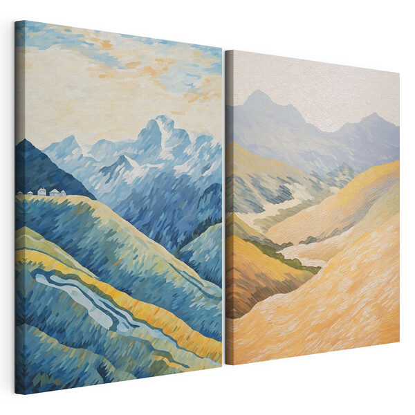 Peinture représentant des montagnes et une rivière Impression sur toile modulaire Peinture représentant des montagnes et une rivière