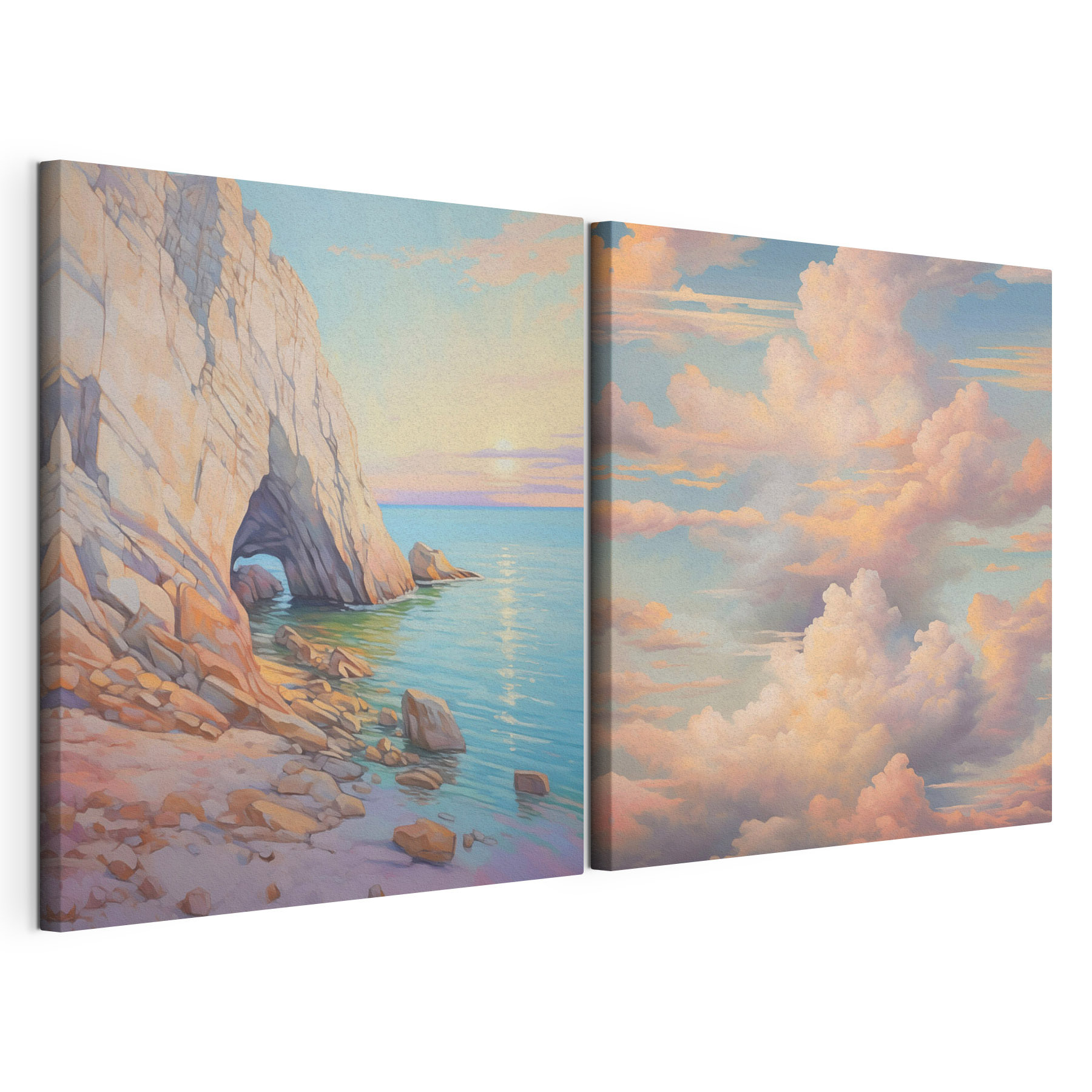Painting of a beach and a rocky shore