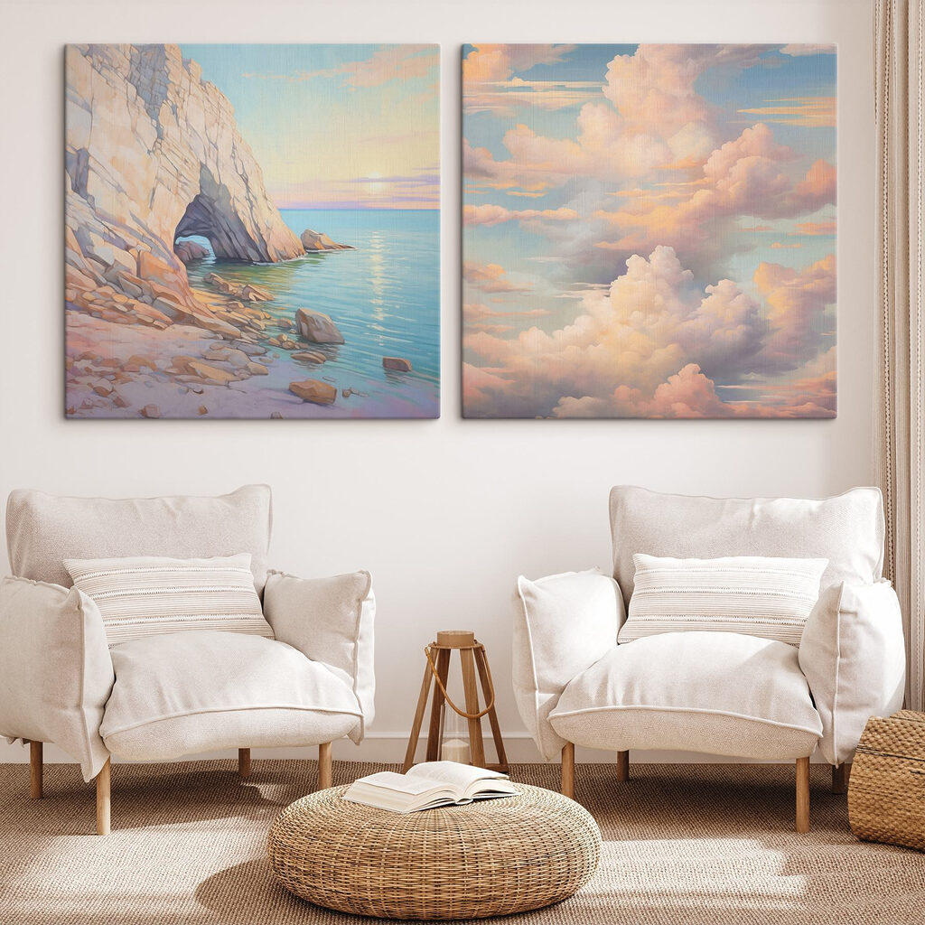 Painting of a beach and a rocky shore