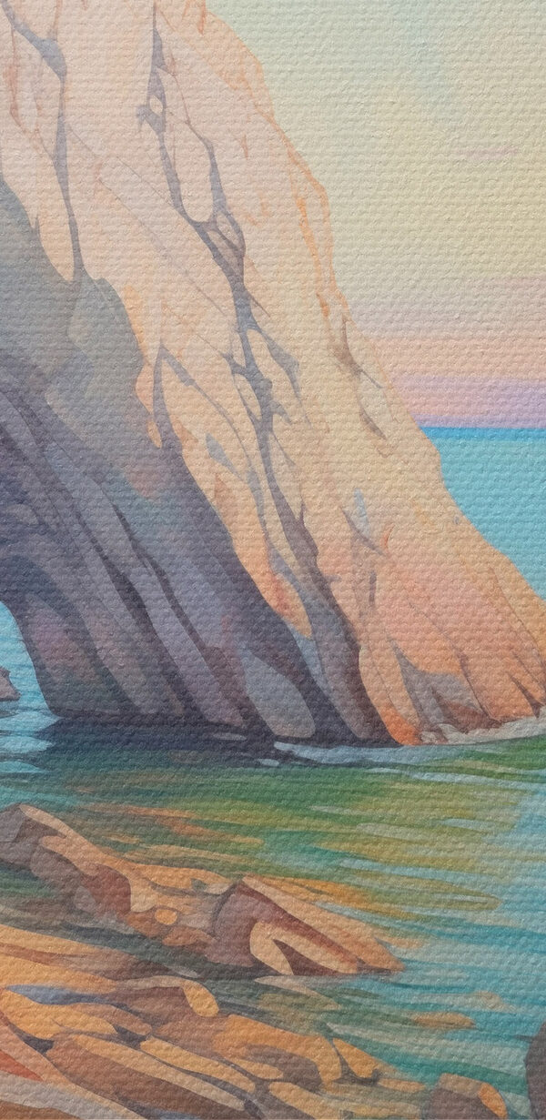 Painting of a beach and a rocky shore
