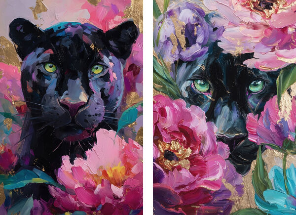 Painting of a panther and a panther with flowers