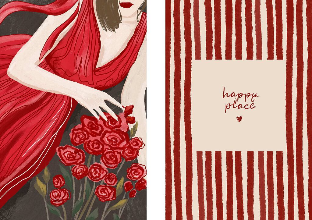 Woman in a red dress holding flowers