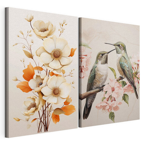 Impression sur toile modulaire Deux oiseaux sur une branche fleurie