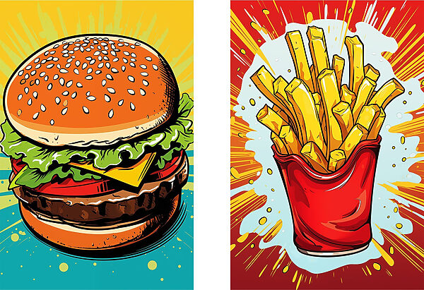 Burger and fries in a red bag Burger and fries in a red bag