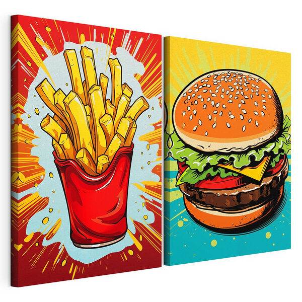 Impression sur toile modulaire Un hamburger et des frites dans un sac rouge