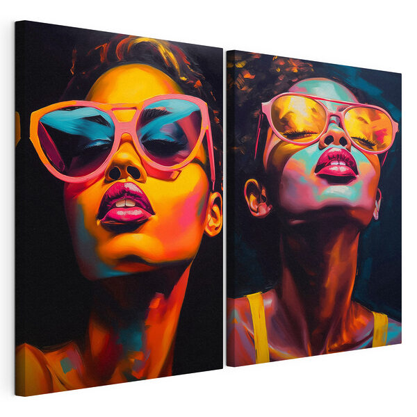 Femme portant des lunettes de soleil roses Impression sur toile modulaire Femme portant des lunettes de soleil roses