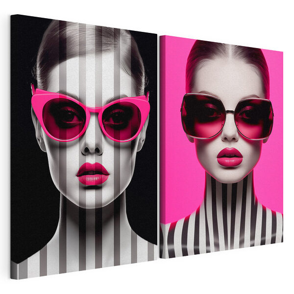 Femme portant des lunettes de soleil roses Impression sur toile modulaire Femme portant des lunettes de soleil roses