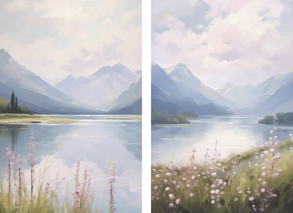 Painting of a lake and mountains
