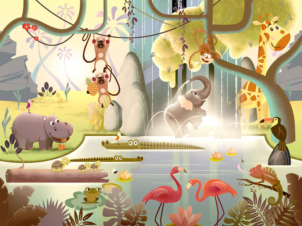 Cartoon of animals in a pond