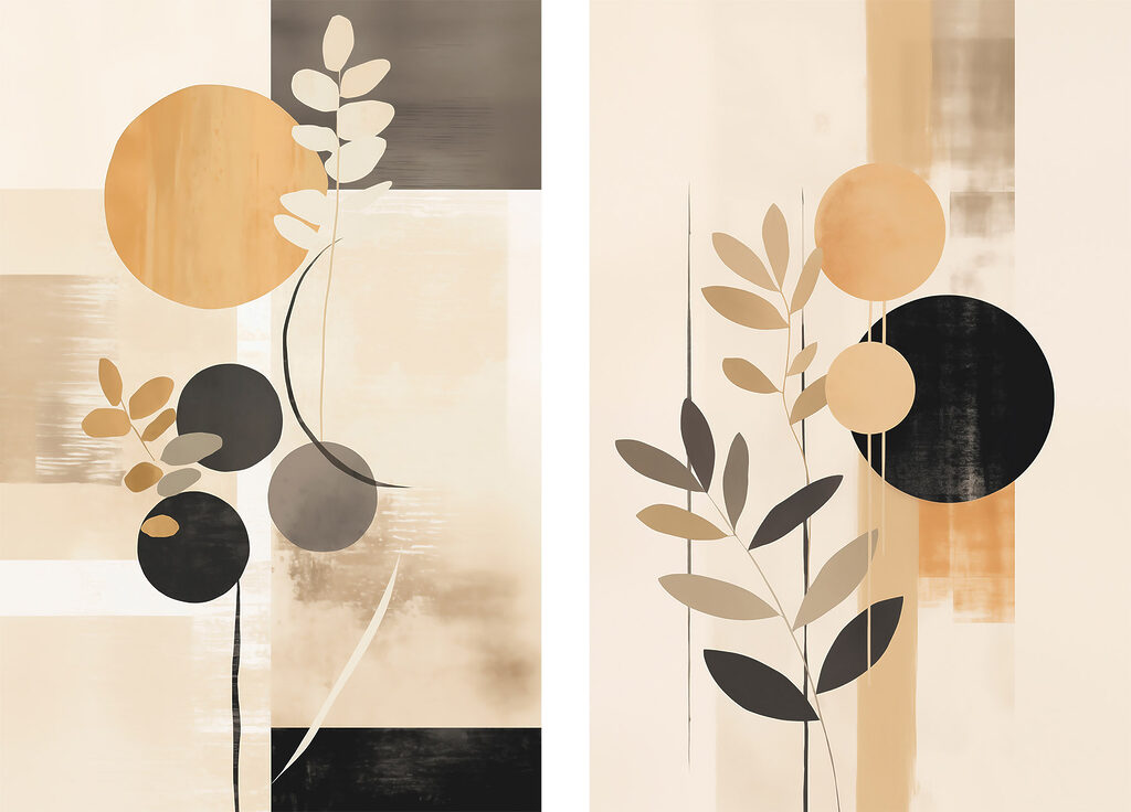 Two paintings of circles and leaves