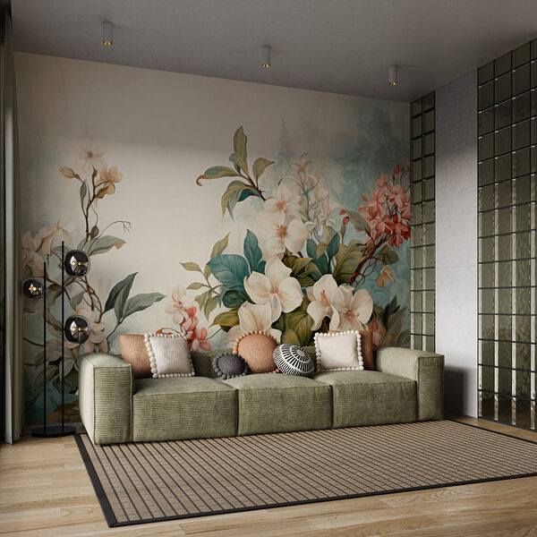 Peinture représentant des fleurs et des feuilles