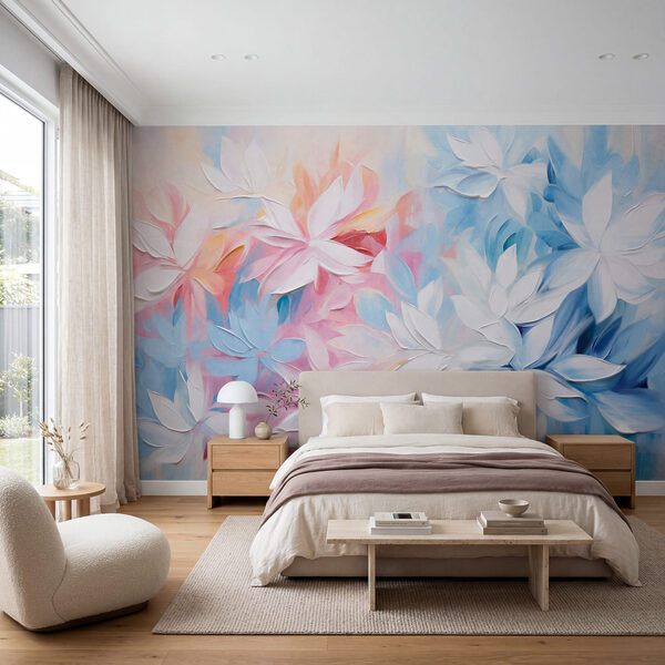 Tableau représentant des fleurs aux feuilles blanches et bleues