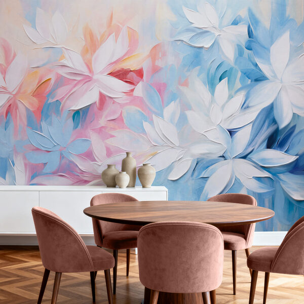 Tableau représentant des fleurs aux feuilles blanches et bleues