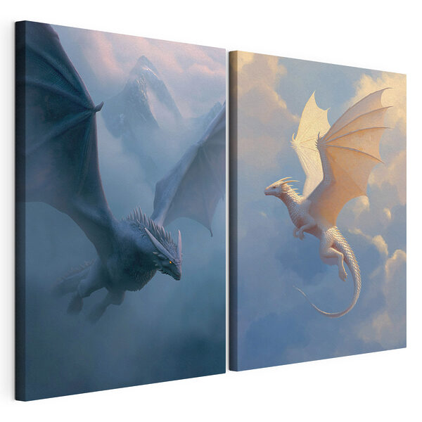 Collage représentant des dragons volant dans le ciel Impression sur toile modulaire Collage représentant des dragons volant dans le ciel
