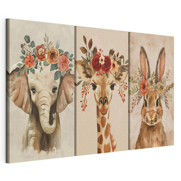 Collage représentant des animaux avec des fleurs sur la tête Impression sur toile modulaire Collage représentant des animaux avec des fleurs sur la tête