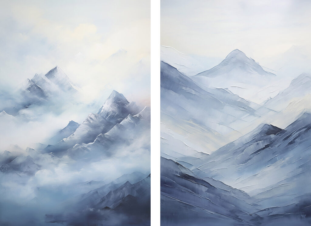 Painting of mountains in fog