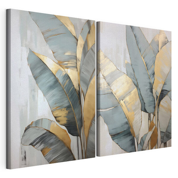 - Feuilles tropicales aux couleurs douces Impression sur toile modulaire - Feuilles tropicales aux couleurs douces