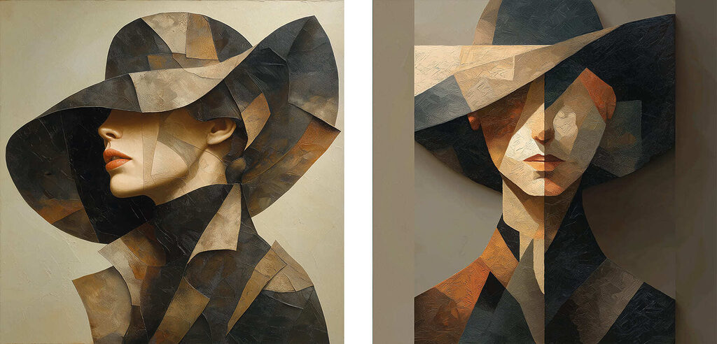 Collage of a painting of a woman in a hat Collage of a painting of a woman in a hat