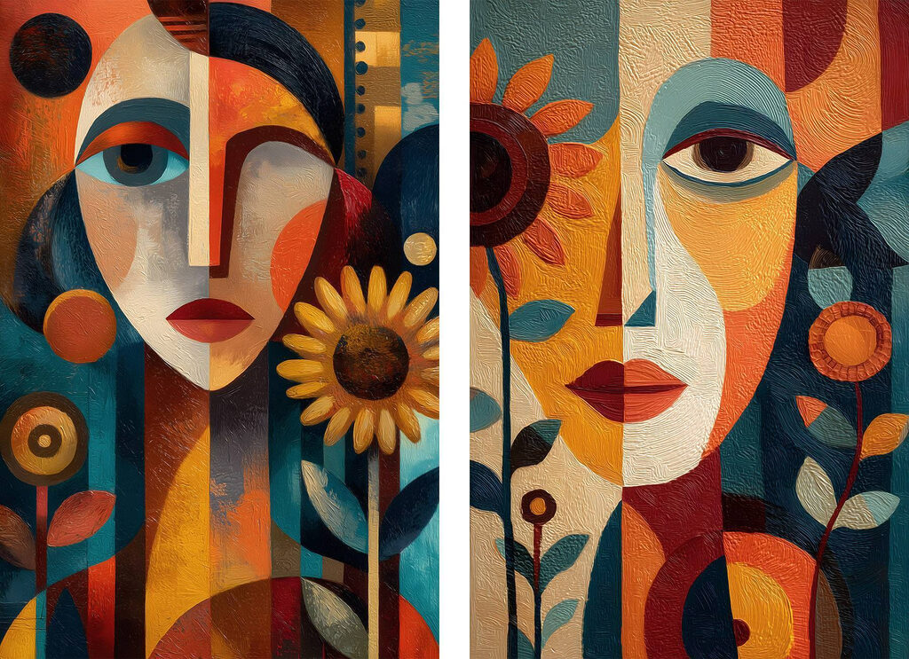Collage of a painting of a woman and a woman