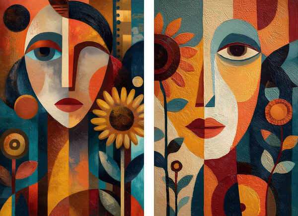 Collage of a painting of a woman and a woman