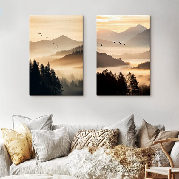 Birds flying over a valley