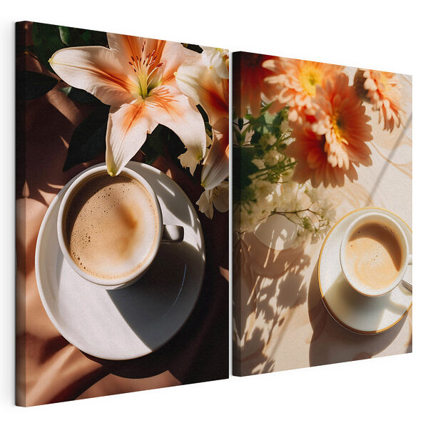 Une tasse de café ornée de fleurs Impression sur toile modulaire Une tasse de café ornée de fleurs