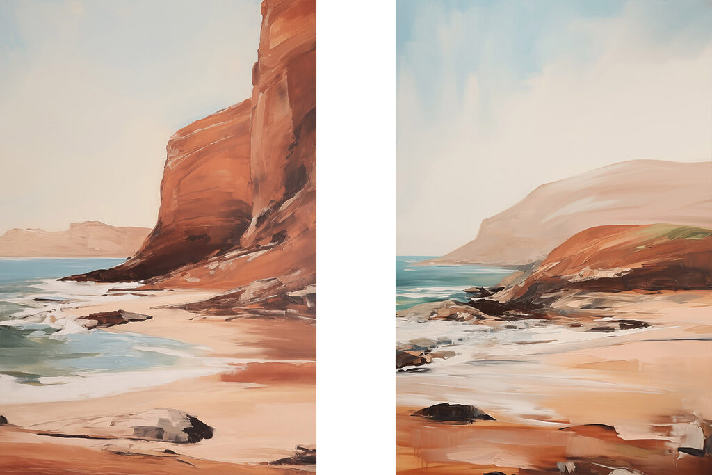 Painting of a beach and a rocky cliff