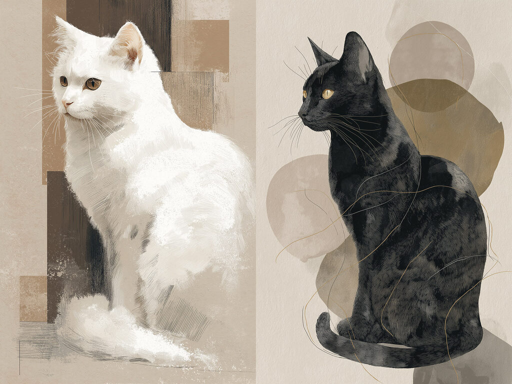 White cat and black cat