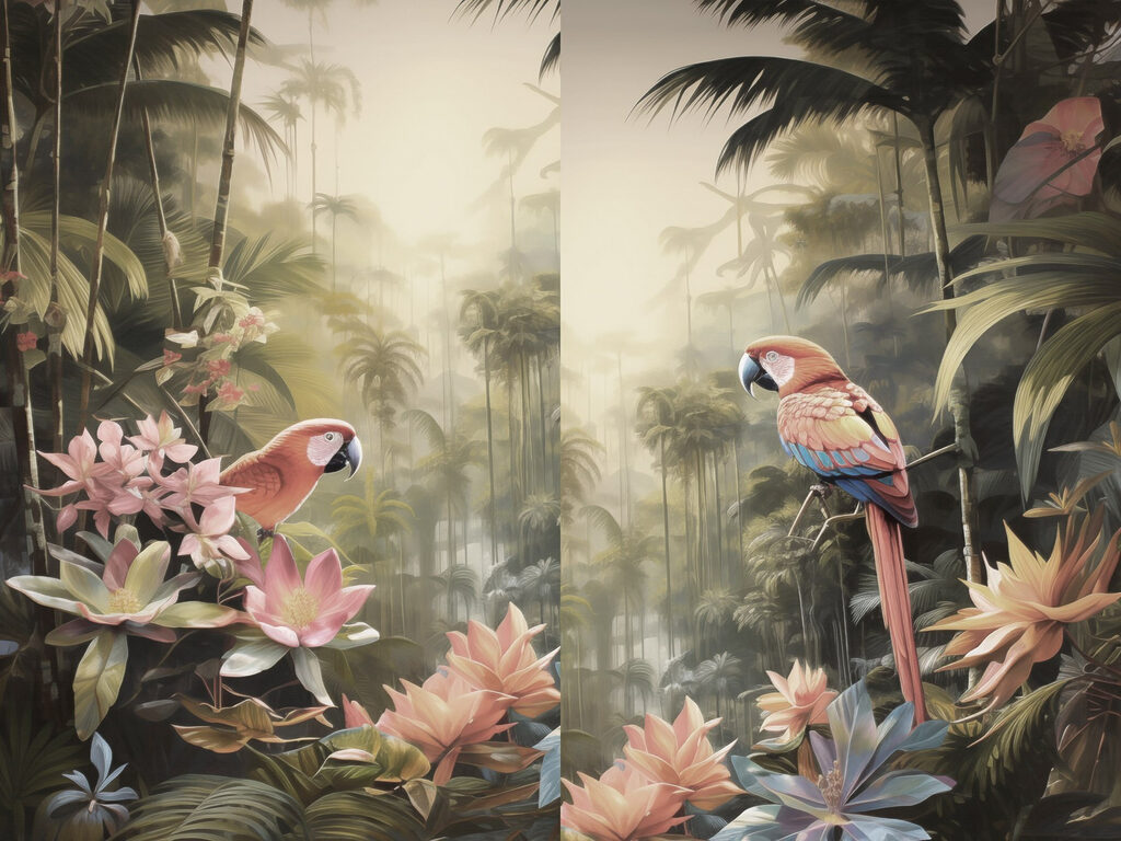 Couple of parrots on a tree branch in a forest Couple of parrots on a tree branch in a forest
