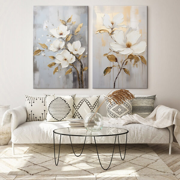 Two paintings of flowers on a gray background