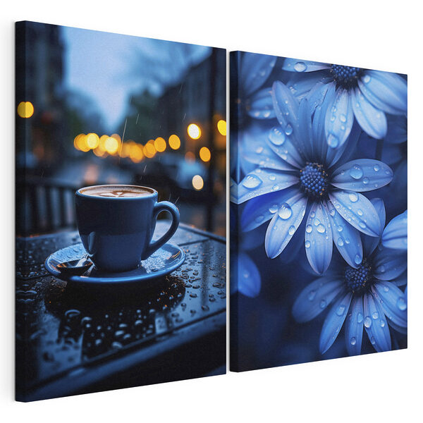 Une tasse de café posée sur une table ornée de fleurs Impression sur toile modulaire Une tasse de café posée sur une table ornée de fleurs