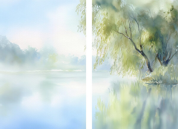 Watercolor painting of a tree and a lake