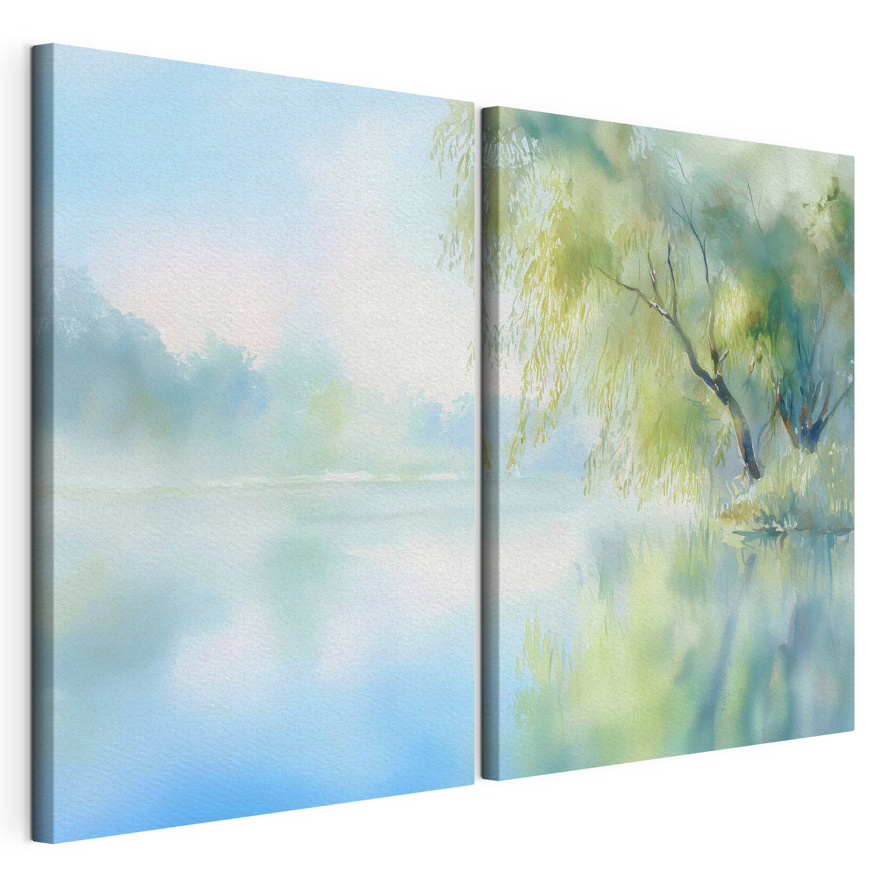 Watercolor painting of a tree and a lake