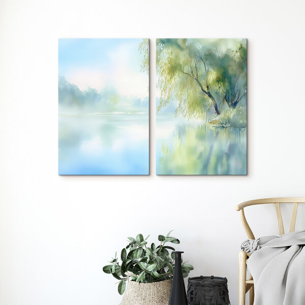 Watercolor painting of a tree and a lake