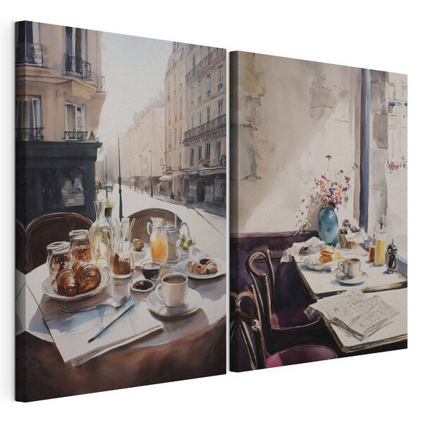 Impression sur toile modulaire Aquarelle représentant une table sur laquelle sont disposés des plats et des boissons