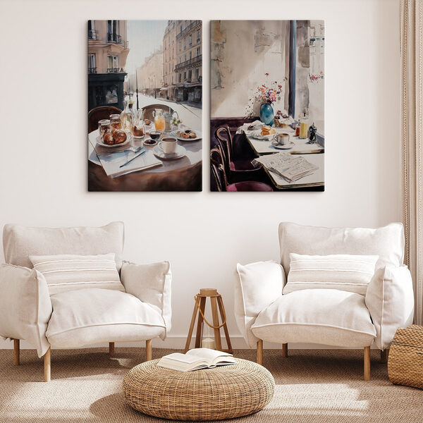 Watercolor painting of a table with food and drinks on it
