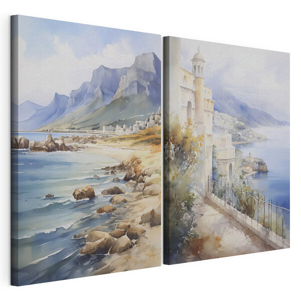 Impression sur toile modulaire Aquarelle représentant une ville et une plage
