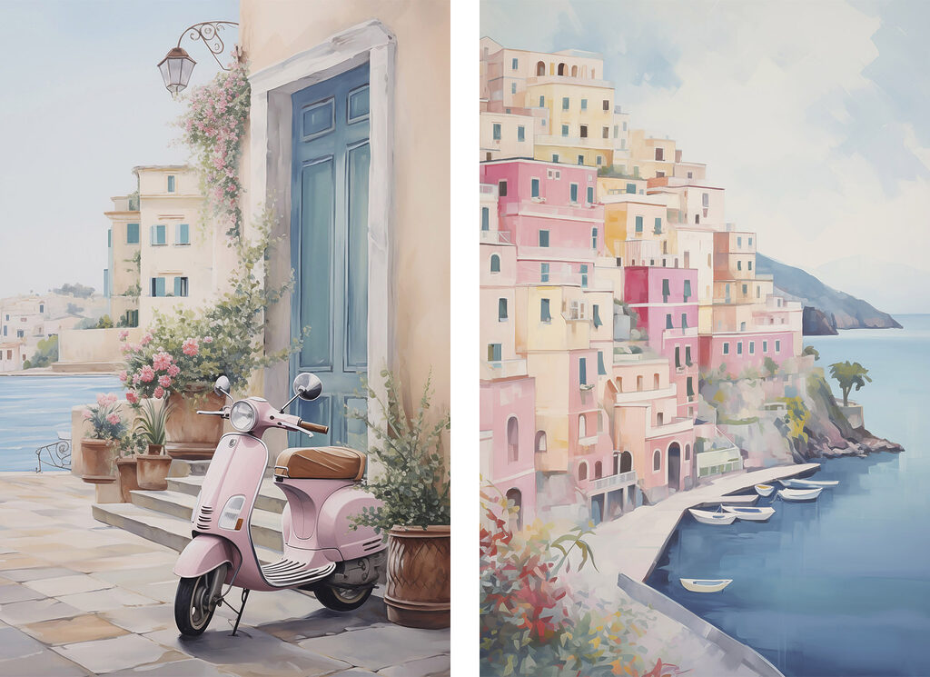 Painting of a pink scooter parked next to a pink building
