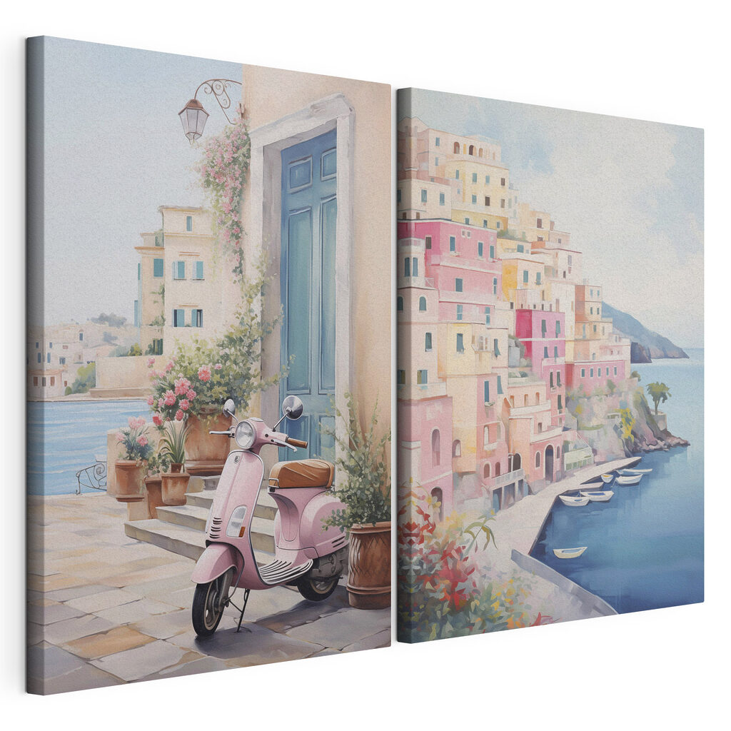 Painting of a pink scooter parked next to a pink building