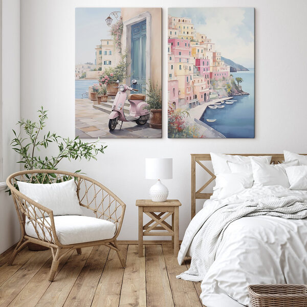 Painting of a pink scooter parked next to a pink building