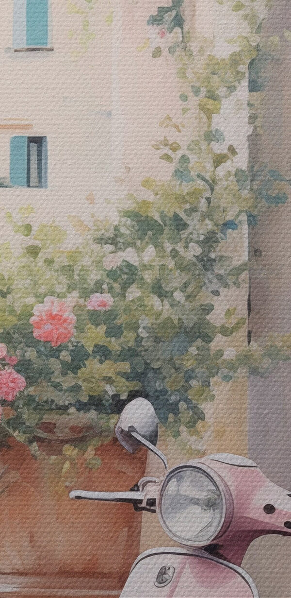 Painting of a pink scooter parked next to a pink building