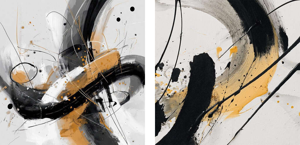 Two art pieces of black and yellow paint Two art pieces of black and yellow paint