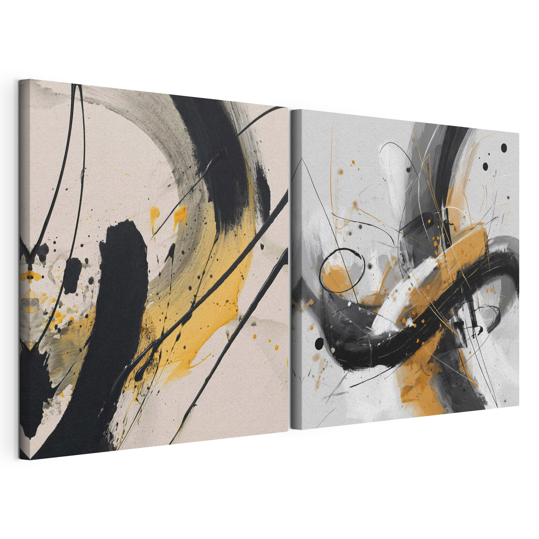 Two art pieces of black and yellow paint Two art pieces of black and yellow paint