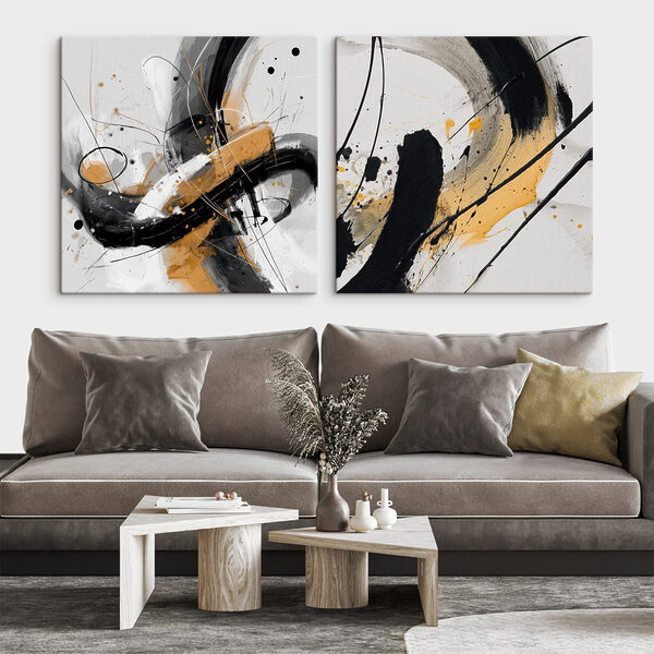 Two art pieces of black and yellow paint Two art pieces of black and yellow paint